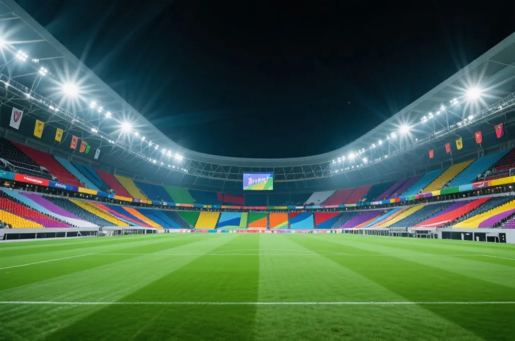 灯光璀璨的现代化足球场,象征激烈的预选赛争夺战